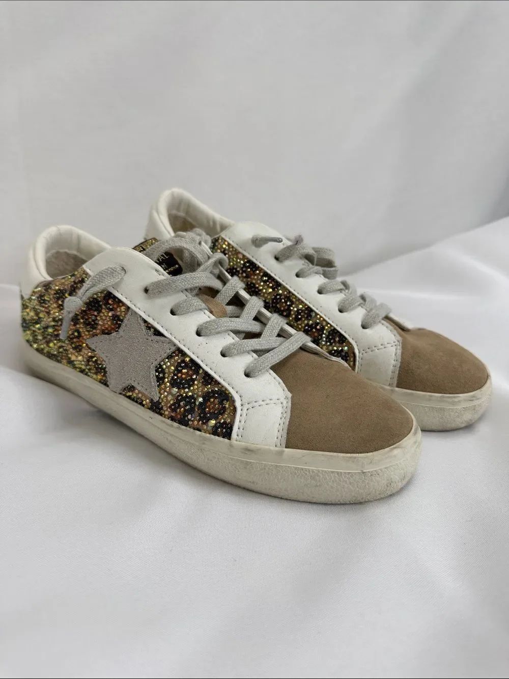 Vintage Havana White & Tan Suede Leopard Glitter Star Sneakers